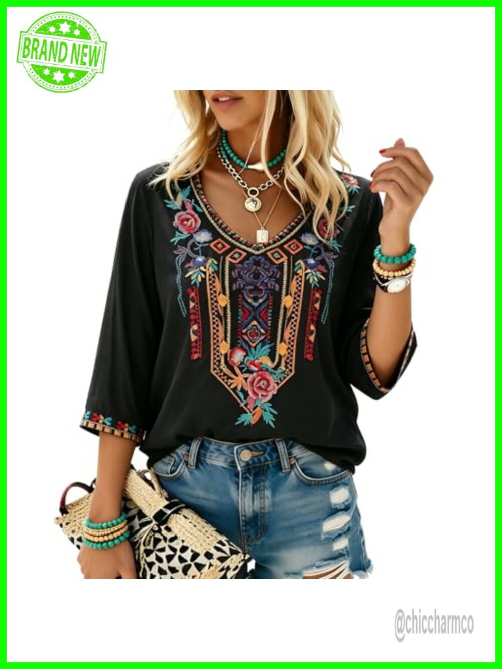 Embroidered Peasant Tunic Top 3/4 Sleeve Rayon Boho Mexican Fiesta Blouse